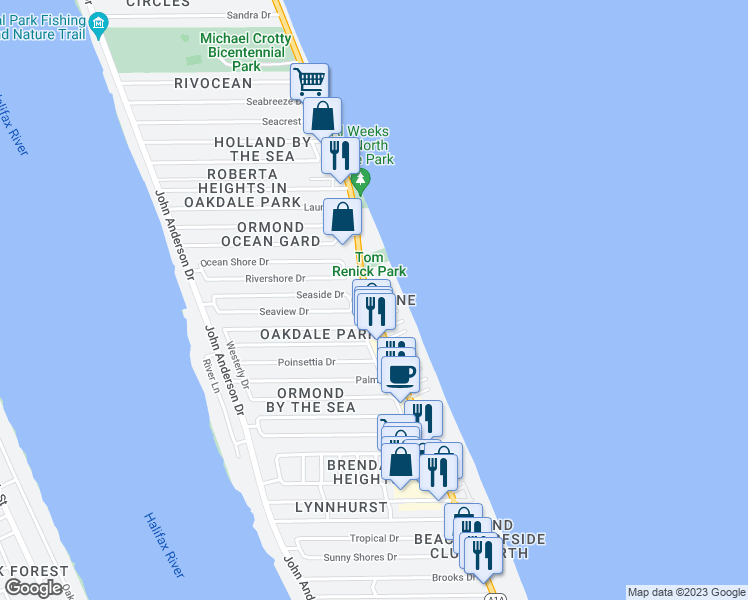 map of restaurants, bars, coffee shops, grocery stores, and more near 1509 Ocean Shore Boulevard in Ormond Beach