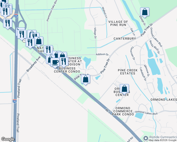 map of restaurants, bars, coffee shops, grocery stores, and more near 201 Orange Grove Drive in Ormond Beach