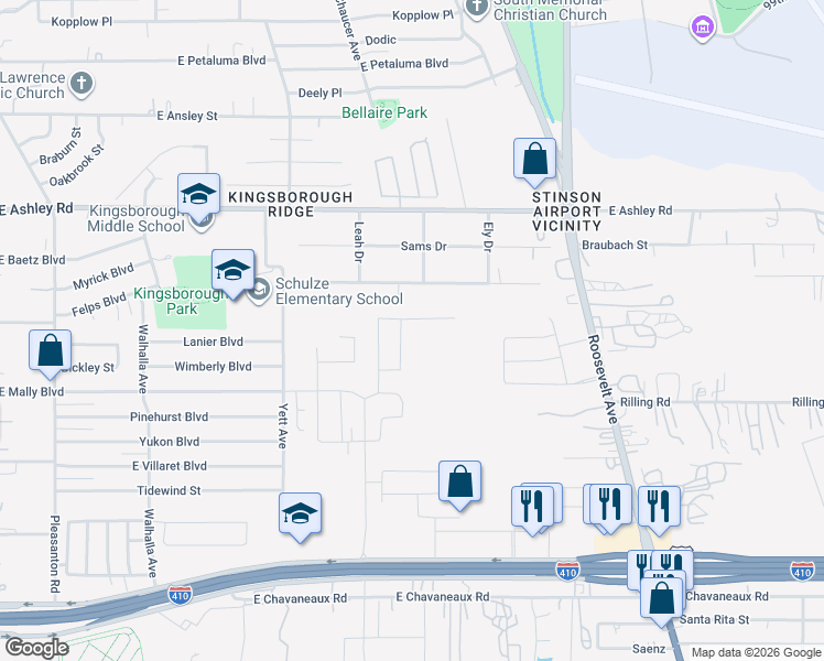 map of restaurants, bars, coffee shops, grocery stores, and more near 838 Bernard Drive in San Antonio