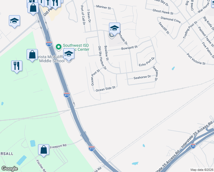 map of restaurants, bars, coffee shops, grocery stores, and more near 5638 Ocean Side Street in San Antonio