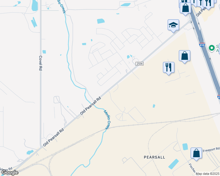 map of restaurants, bars, coffee shops, grocery stores, and more near 6975 Old Pearsall Road in San Antonio