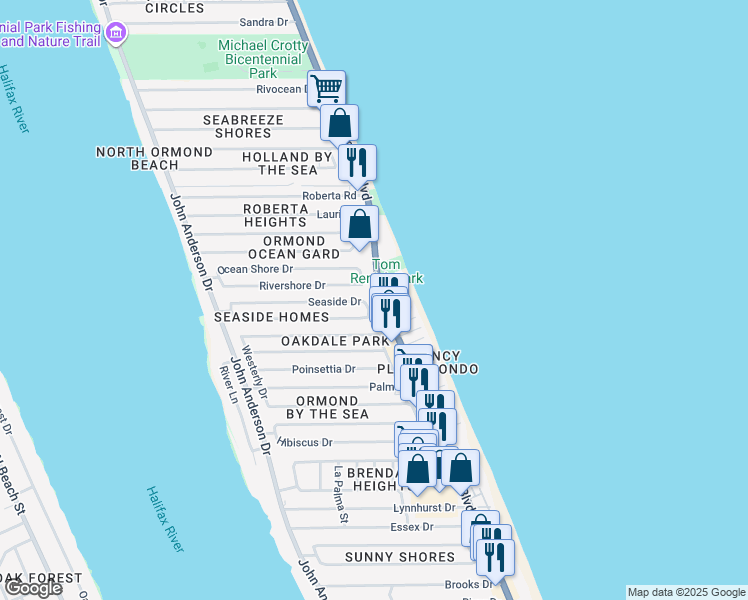 map of restaurants, bars, coffee shops, grocery stores, and more near 1500 Ocean Shore Boulevard in Ormond Beach