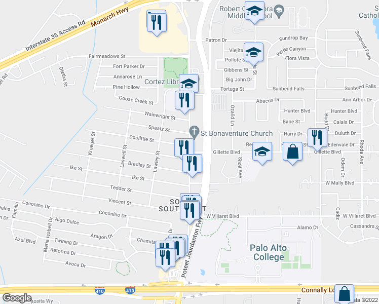 map of restaurants, bars, coffee shops, grocery stores, and more near Palo Alto Rd & Gillette Blvd in San Antonio