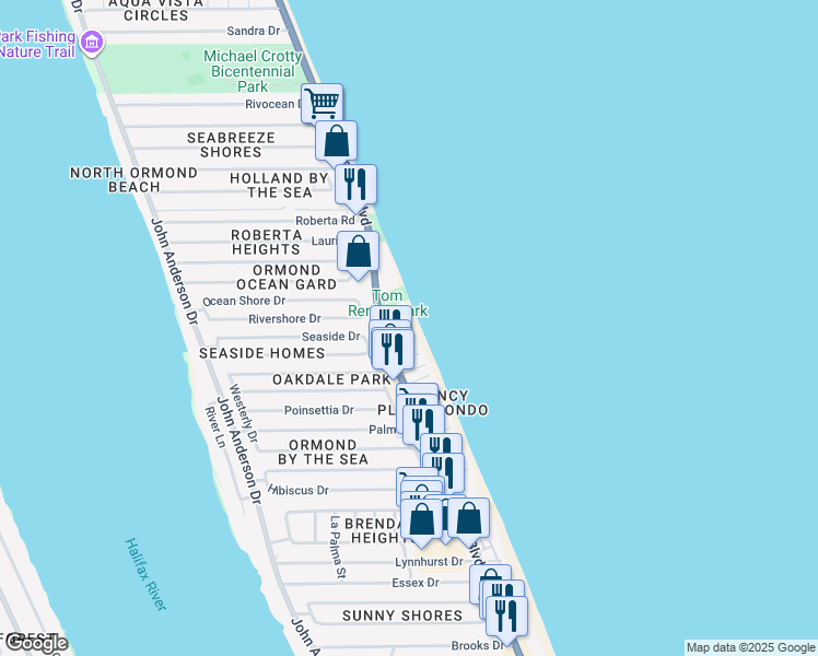 map of restaurants, bars, coffee shops, grocery stores, and more near 9 Ocean Edge Drive in Ormond Beach