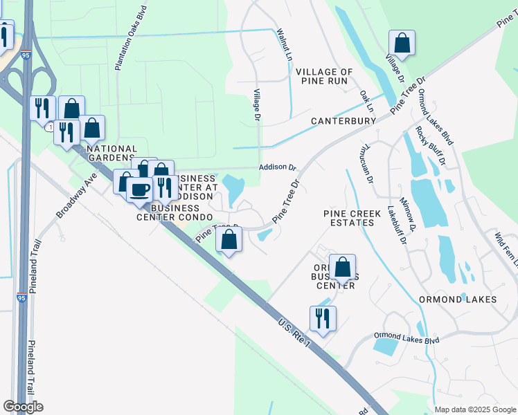 map of restaurants, bars, coffee shops, grocery stores, and more near 250 Orange Grove Drive in Ormond Beach