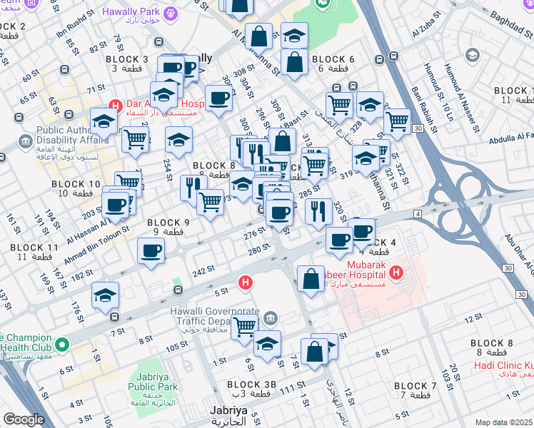 map of restaurants, bars, coffee shops, grocery stores, and more near Tunis Street in Hawally