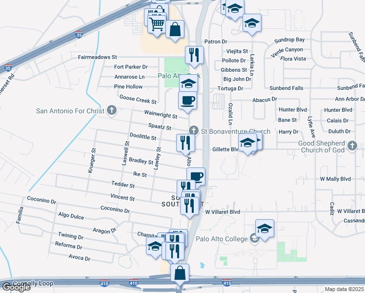 map of restaurants, bars, coffee shops, grocery stores, and more near 1915 Palo Alto Road in San Antonio