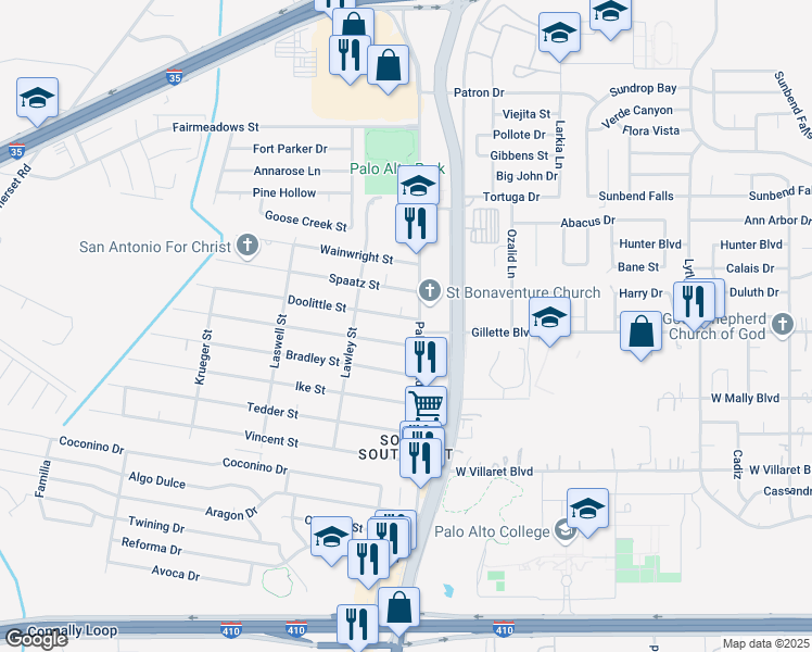 map of restaurants, bars, coffee shops, grocery stores, and more near 1915 Palo Alto Road in San Antonio
