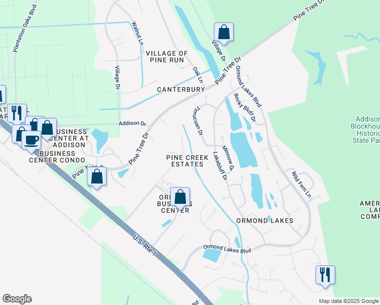 map of restaurants, bars, coffee shops, grocery stores, and more near 111 Pine Creek Court in Ormond Beach