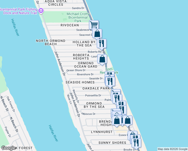 map of restaurants, bars, coffee shops, grocery stores, and more near 23 Ocean Shore Drive in Ormond Beach