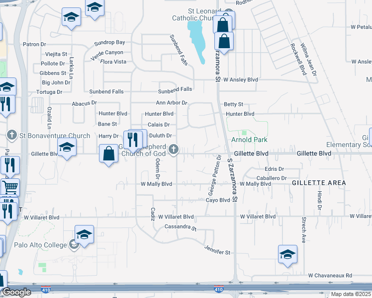 map of restaurants, bars, coffee shops, grocery stores, and more near 1251 Gillette Boulevard in San Antonio