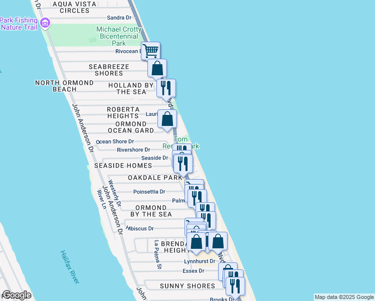 map of restaurants, bars, coffee shops, grocery stores, and more near 1537 Ocean Shore Boulevard in Ormond Beach