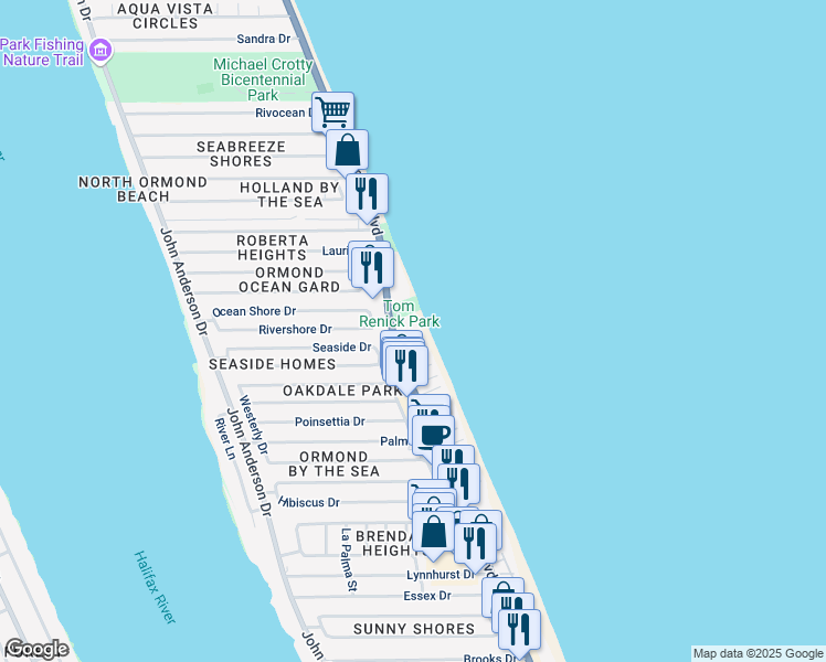 map of restaurants, bars, coffee shops, grocery stores, and more near 1537 Ocean Shore Boulevard in Ormond Beach