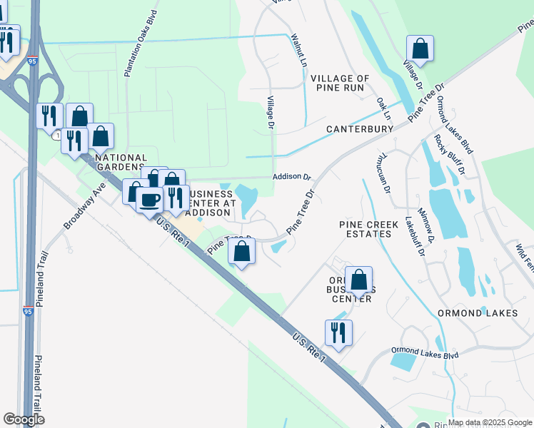 map of restaurants, bars, coffee shops, grocery stores, and more near 3 Village Drive in Ormond Beach