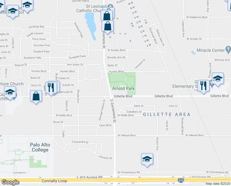 map of restaurants, bars, coffee shops, grocery stores, and more near 1011 Gillette Boulevard in San Antonio