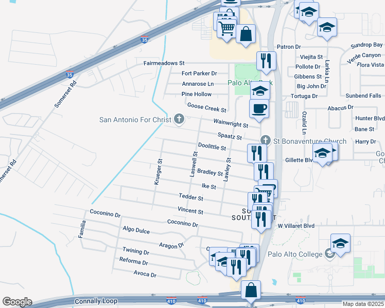 map of restaurants, bars, coffee shops, grocery stores, and more near 266 Doolittle Street in San Antonio