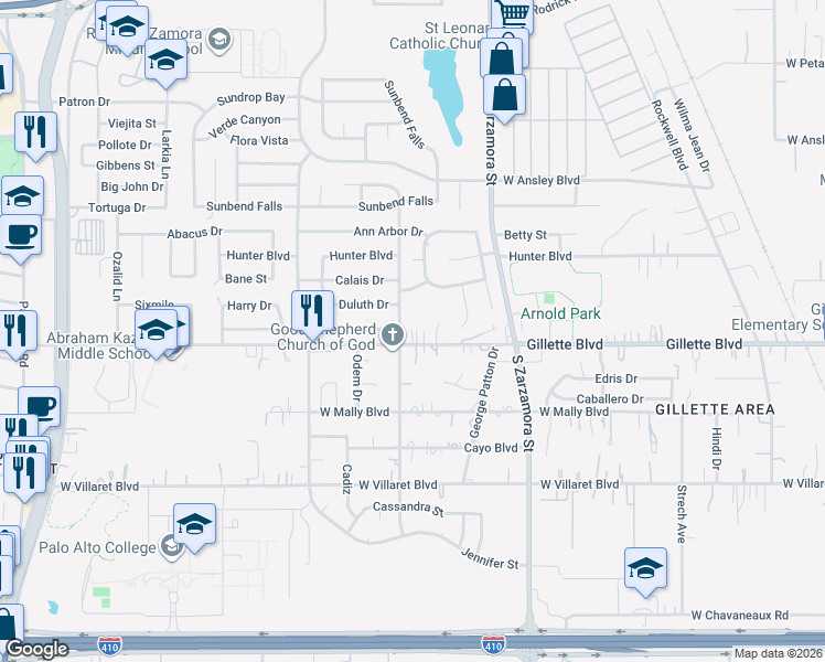 map of restaurants, bars, coffee shops, grocery stores, and more near 1251 Gillette Boulevard in San Antonio