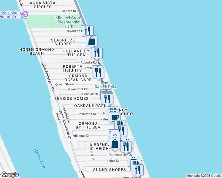 map of restaurants, bars, coffee shops, grocery stores, and more near 9 Ocean Edge Drive in Ormond Beach