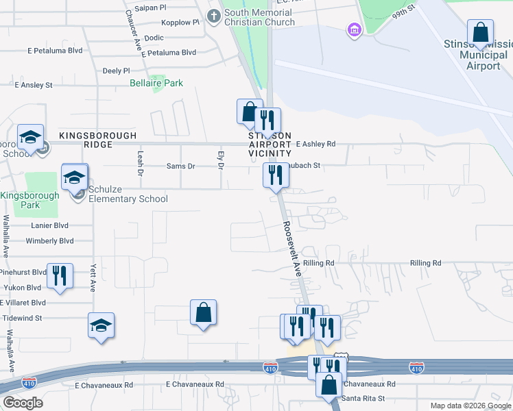map of restaurants, bars, coffee shops, grocery stores, and more near 1026 Bernard Drive in San Antonio