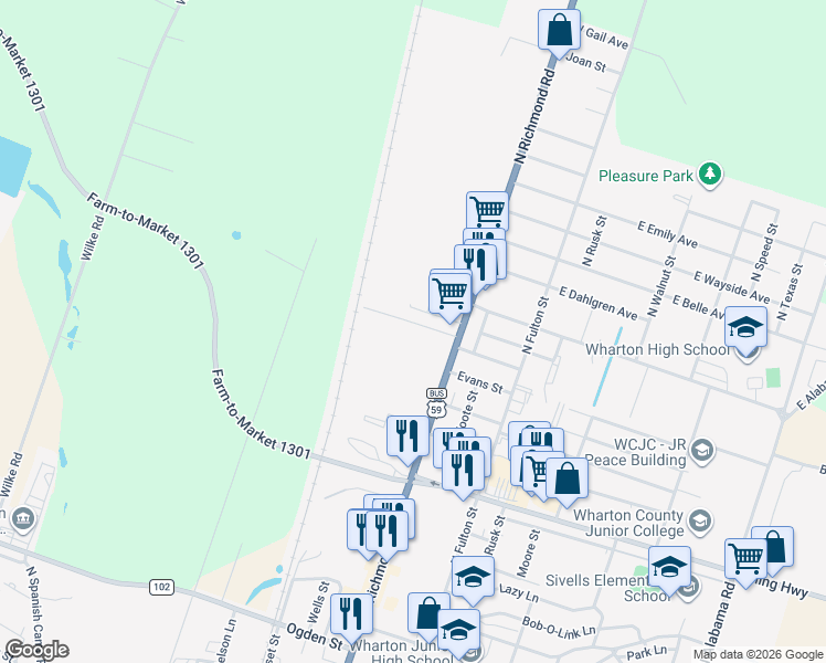 map of restaurants, bars, coffee shops, grocery stores, and more near 423 Reed Lane in Wharton