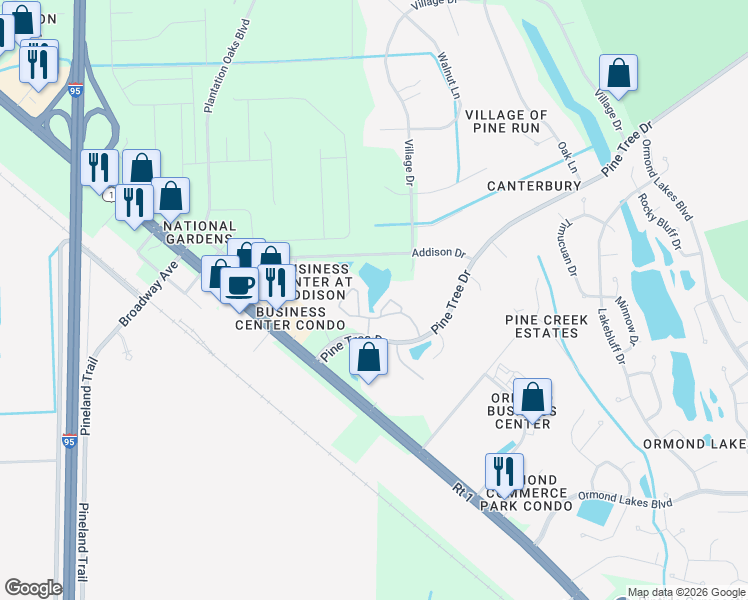 map of restaurants, bars, coffee shops, grocery stores, and more near 170 Limewood Place in Ormond Beach