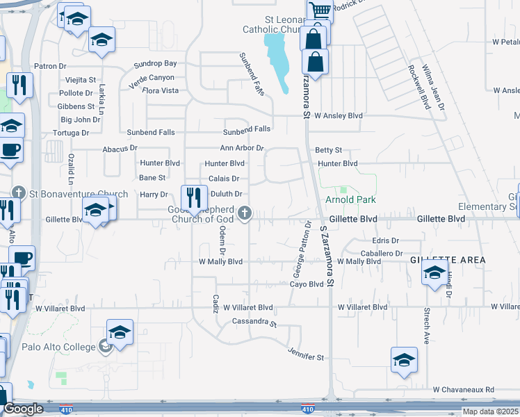 map of restaurants, bars, coffee shops, grocery stores, and more near 1251 Gillette Boulevard in San Antonio