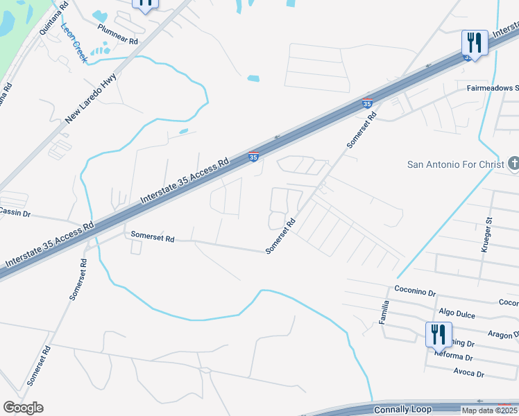 map of restaurants, bars, coffee shops, grocery stores, and more near 9323 Somerset Road in San Antonio