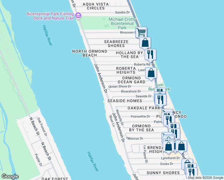 map of restaurants, bars, coffee shops, grocery stores, and more near 55 Ocean Shore Drive in Ormond Beach
