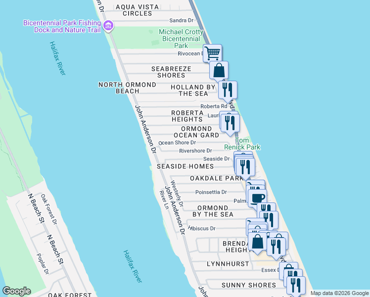 map of restaurants, bars, coffee shops, grocery stores, and more near 39 Ocean Shore Drive in Ormond Beach