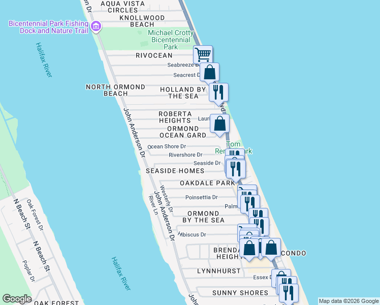 map of restaurants, bars, coffee shops, grocery stores, and more near 23 Ocean Shore Drive in Ormond Beach