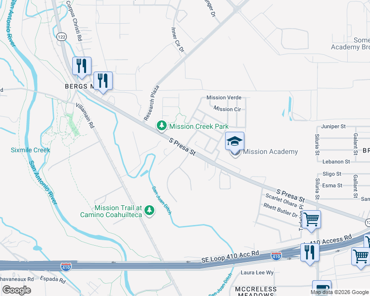 map of restaurants, bars, coffee shops, grocery stores, and more near 9100 South Presa Street in San Antonio