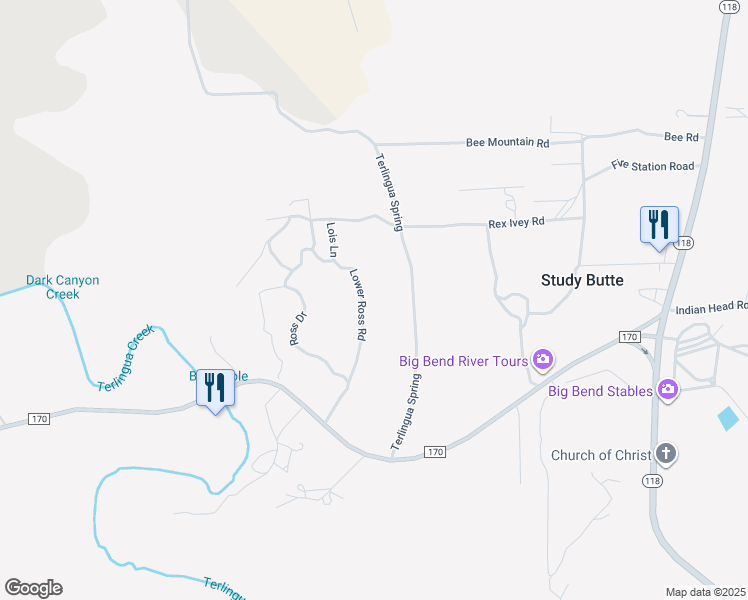 map of restaurants, bars, coffee shops, grocery stores, and more near Lower Ross Road in Terlingua