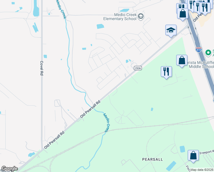 map of restaurants, bars, coffee shops, grocery stores, and more near 6975 Old Pearsall Road in San Antonio