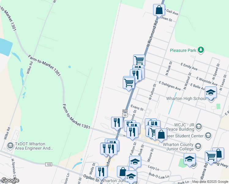map of restaurants, bars, coffee shops, grocery stores, and more near 423 Reed Lane in Wharton