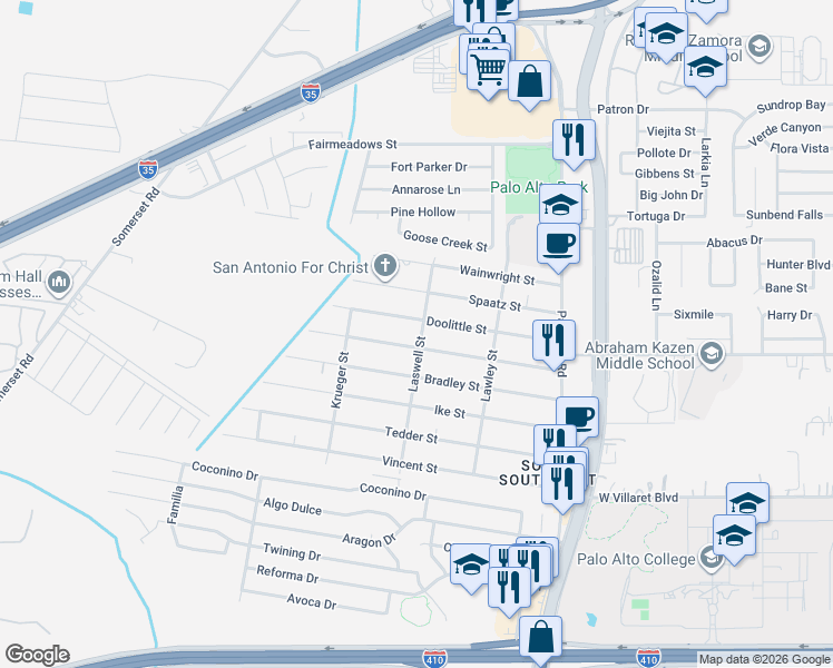 map of restaurants, bars, coffee shops, grocery stores, and more near 266 Doolittle Street in San Antonio