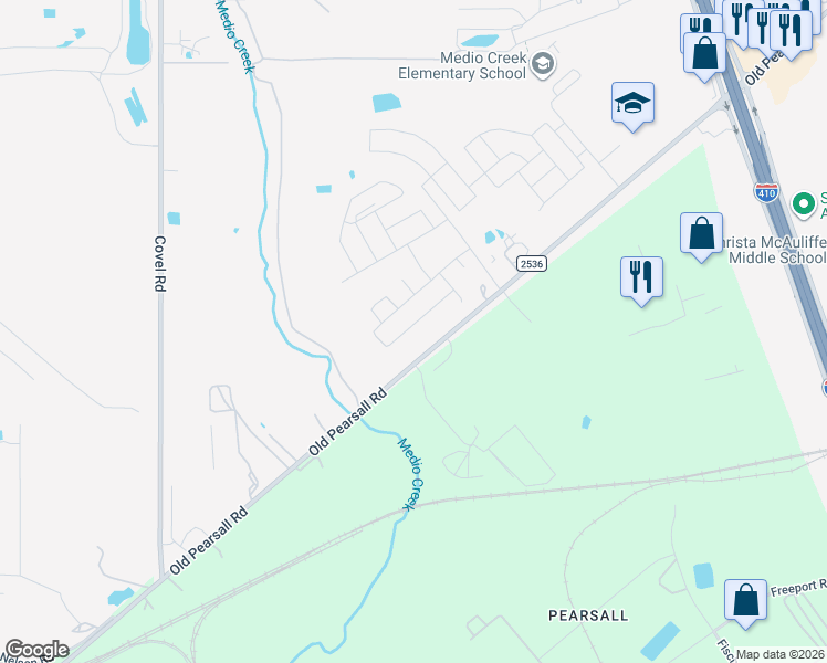 map of restaurants, bars, coffee shops, grocery stores, and more near 6975 Old Pearsall Road in San Antonio