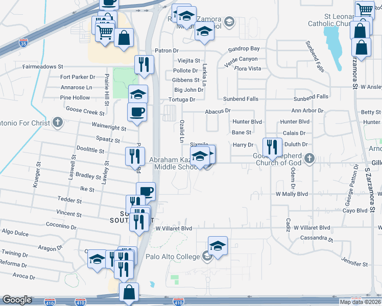 map of restaurants, bars, coffee shops, grocery stores, and more near 9214 Ozalid Lane in San Antonio