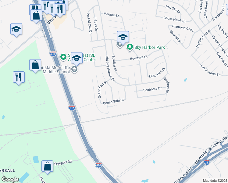map of restaurants, bars, coffee shops, grocery stores, and more near 9030 Island View Street in San Antonio