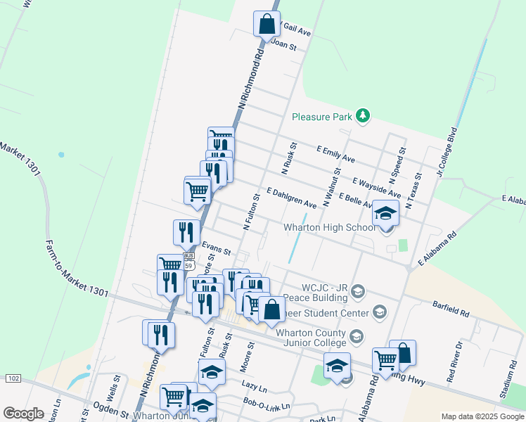 map of restaurants, bars, coffee shops, grocery stores, and more near 121 East Ahldag Avenue in Wharton