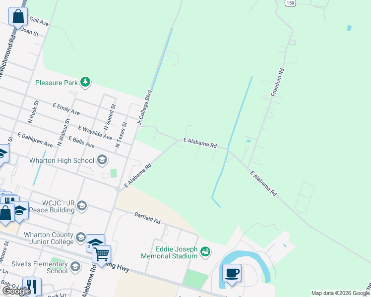map of restaurants, bars, coffee shops, grocery stores, and more near 132 Everett Lane in Wharton