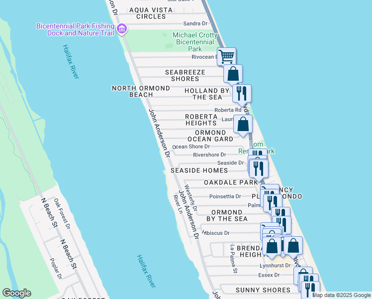 map of restaurants, bars, coffee shops, grocery stores, and more near 55 Ocean Shore Dr in Ormond Beach