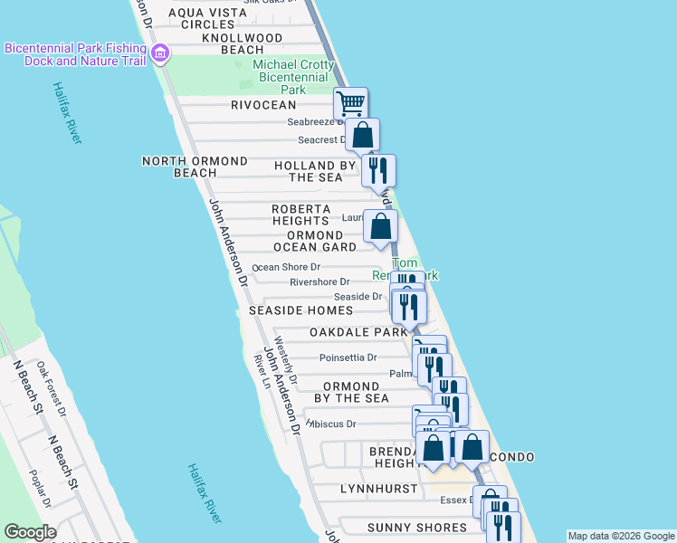map of restaurants, bars, coffee shops, grocery stores, and more near 23 Ocean Shore Drive in Ormond Beach