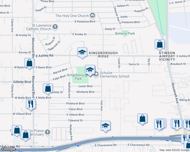 map of restaurants, bars, coffee shops, grocery stores, and more near 9131 Yett Avenue in San Antonio