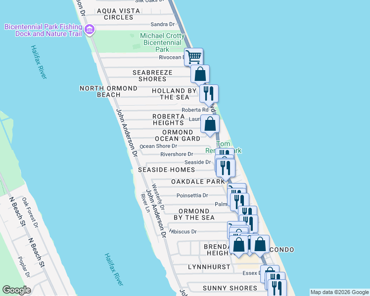 map of restaurants, bars, coffee shops, grocery stores, and more near 25 Ocean Shore Drive in Ormond Beach