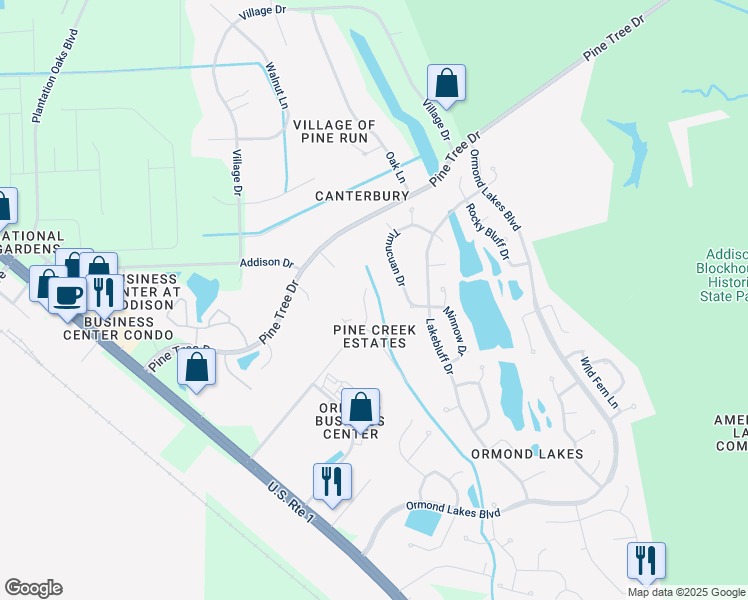 map of restaurants, bars, coffee shops, grocery stores, and more near 111 Pine Creek Court in Ormond Beach