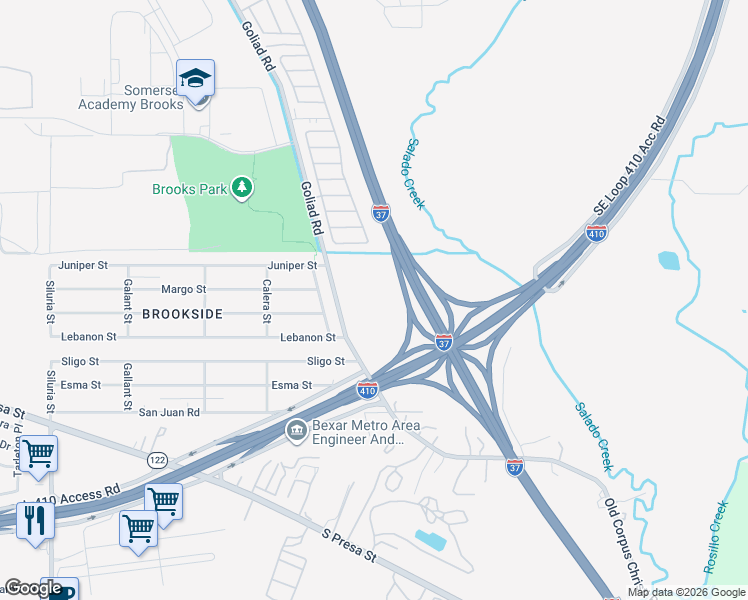 map of restaurants, bars, coffee shops, grocery stores, and more near 3838 Goliad Road in San Antonio