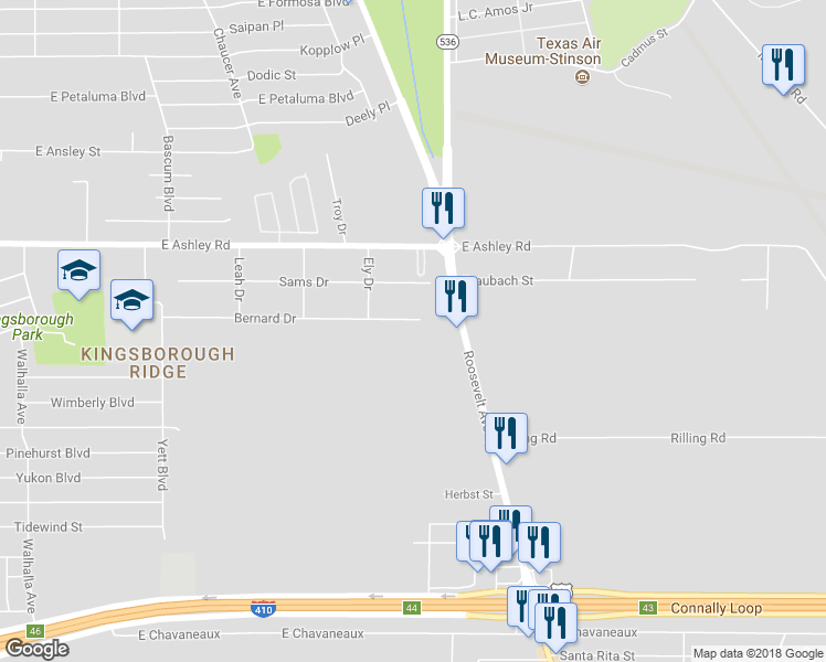 map of restaurants, bars, coffee shops, grocery stores, and more near 1026 Bernard Drive in San Antonio