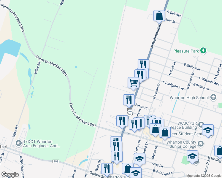 map of restaurants, bars, coffee shops, grocery stores, and more near 611 Reed Avenue in Wharton