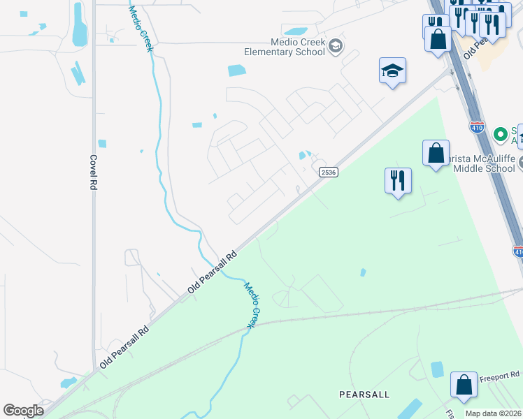 map of restaurants, bars, coffee shops, grocery stores, and more near 6925 Old Pearsall Road in San Antonio