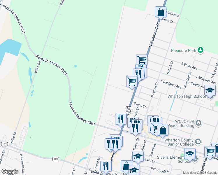 map of restaurants, bars, coffee shops, grocery stores, and more near 611 Reed Avenue in Wharton